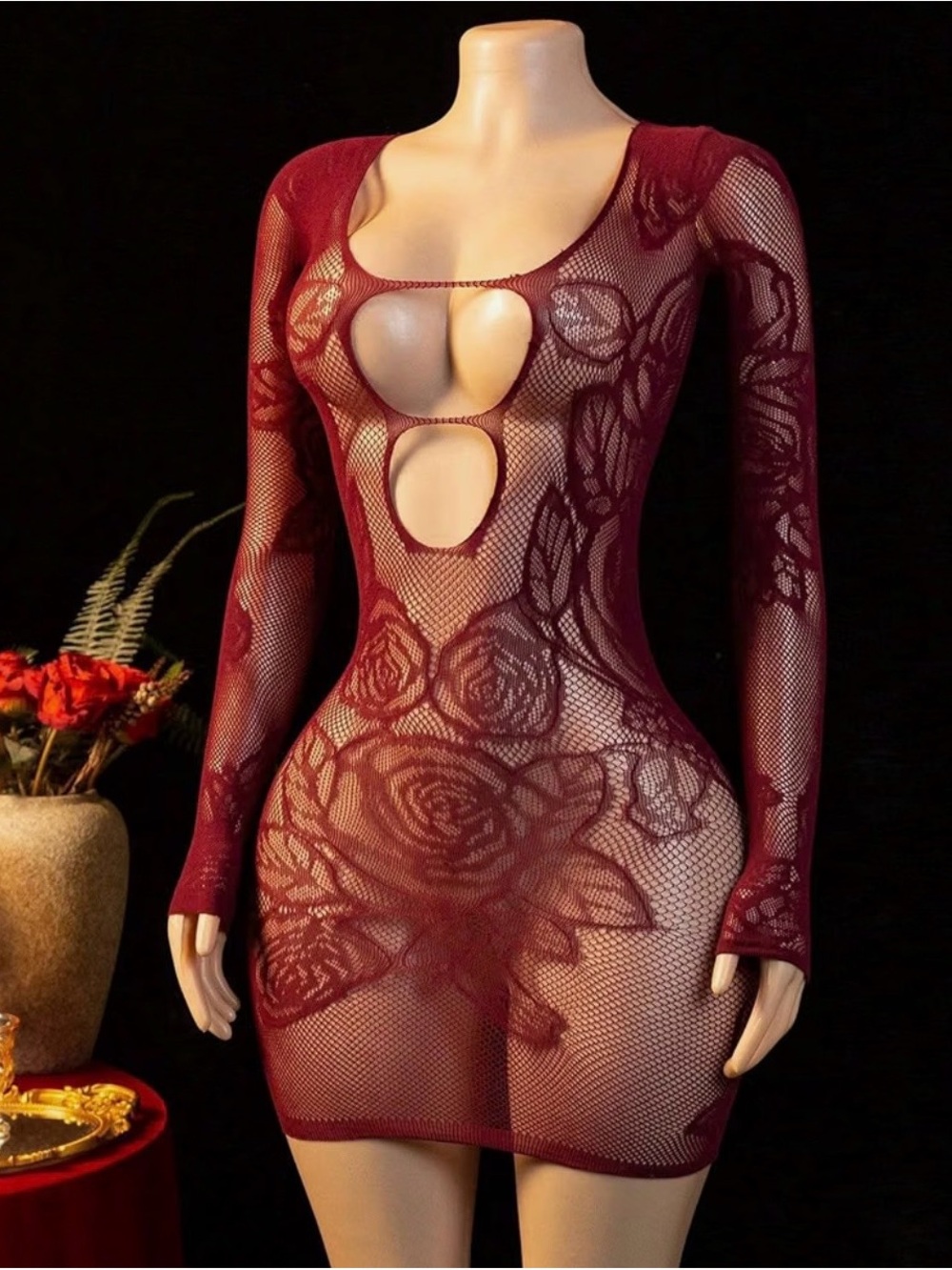 Long Sleeve Burgundy Floral Fishnet Bodycon Teddy Short Lingerie OSFM NWT